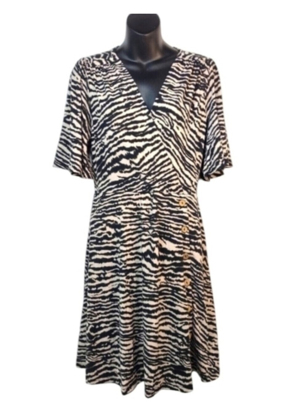 Suzanne Betro Women's V-Neck Black Tan Flare Sleeve Dress Size S NWT